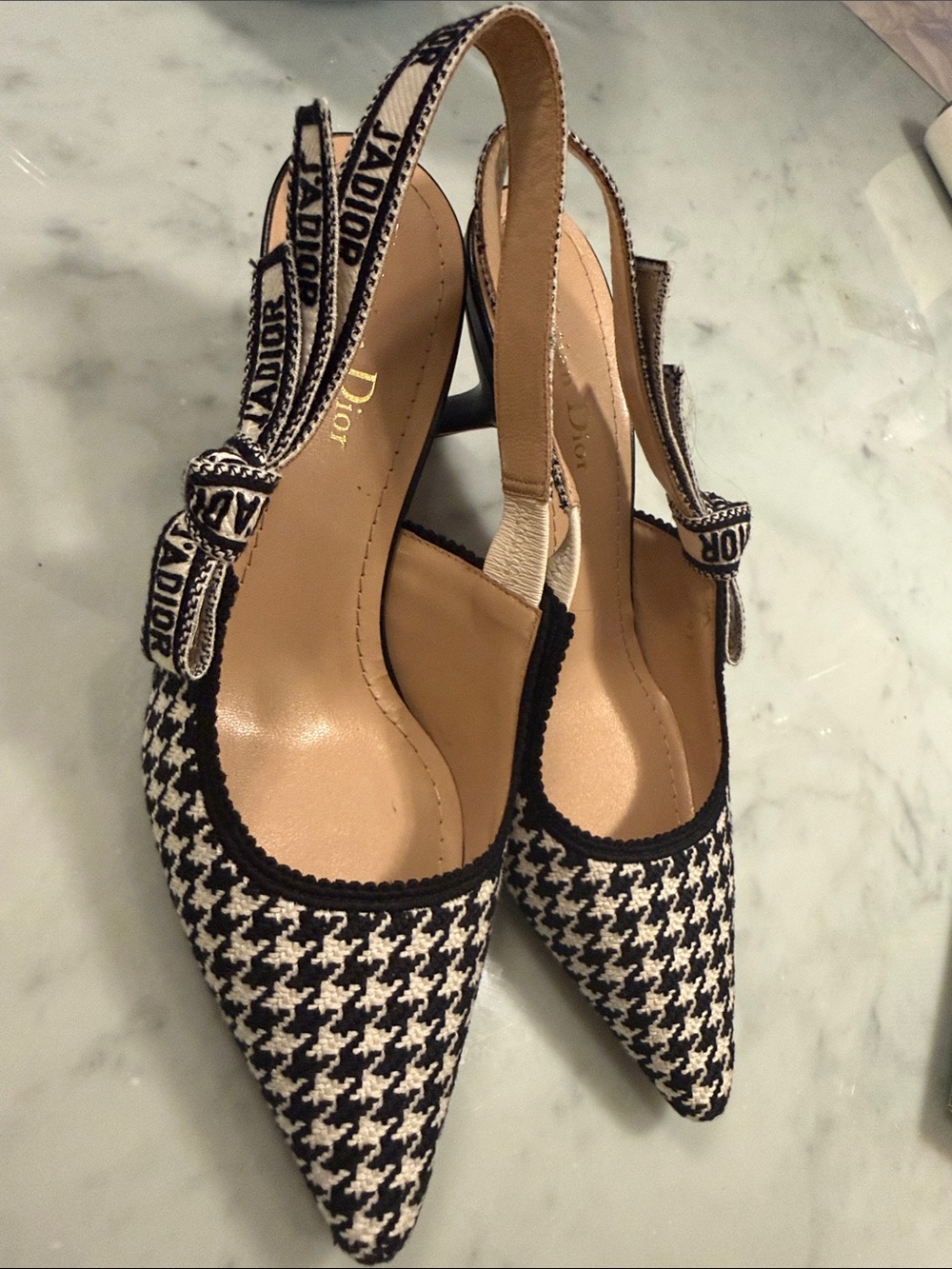 Dior Black and White Houndstooth Slingback Pumps with Logo Bow - Picture 2 of 3